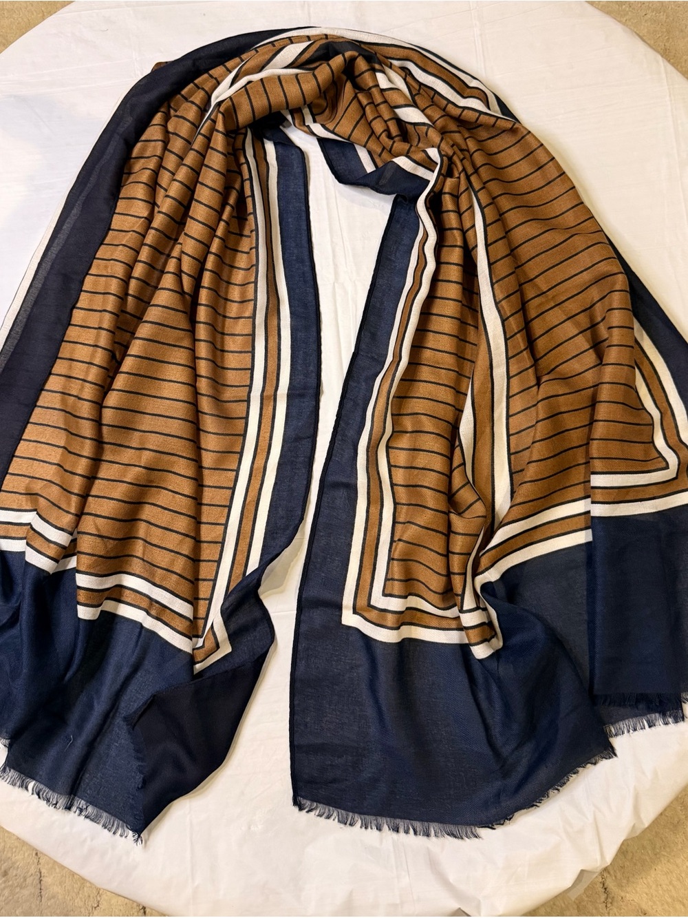 Dan John Scarves Oversized Navy Camel Geometric Stripe Scarf Wrap Shawl